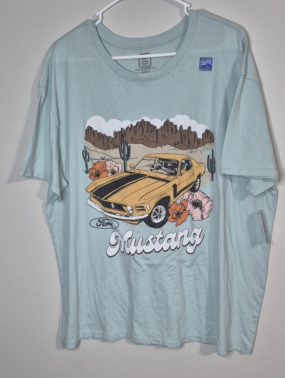 Womens Ford Mustang Graphic Tee - Mint with Yellow Car XXL 20